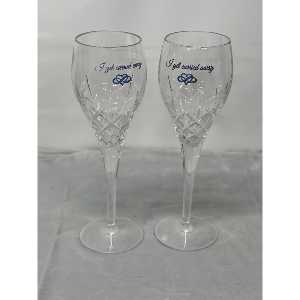 Wedding Champagne Flutes Pair I Get Carried Away Crystal Cut Glass Blue Rings